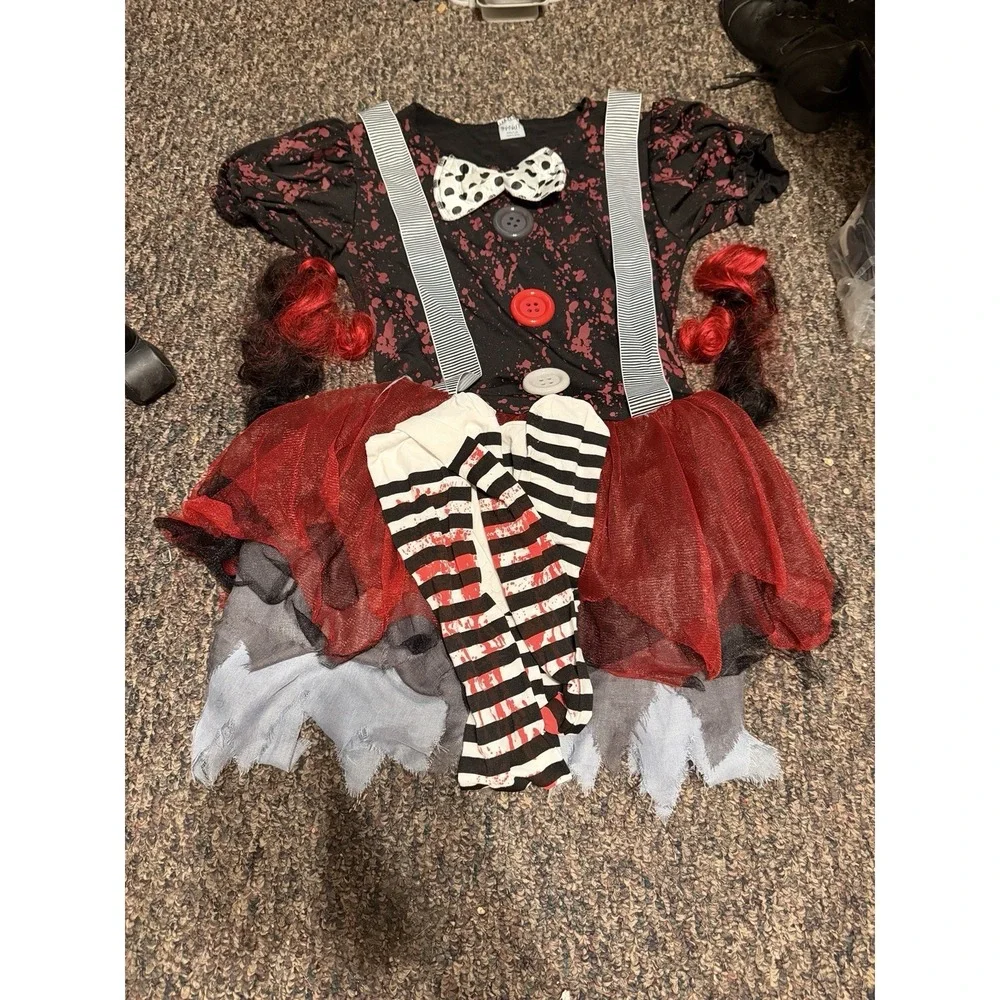 Spirit Halloween Adult Horror Clown Costume W/2 Matching Hair Clips &Tights  M-L